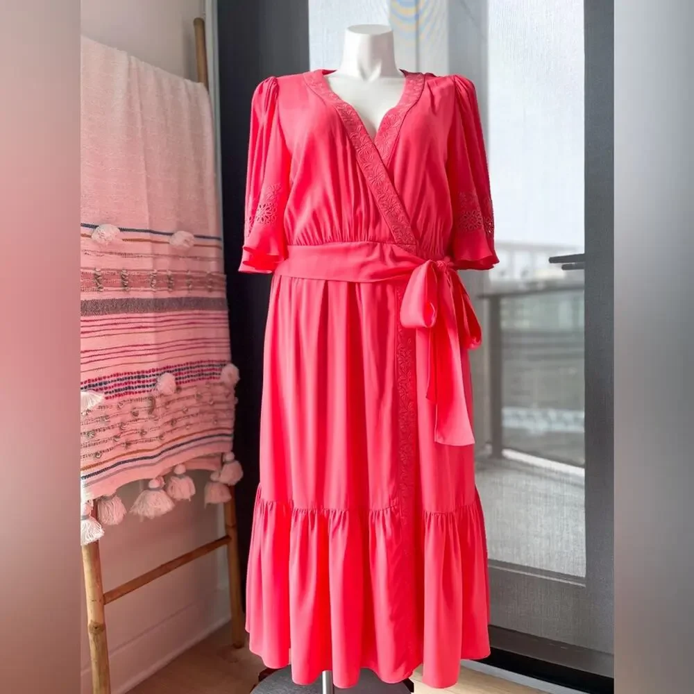 Kobi Halperin Elaine Flamingo Short Flutter Sleeve Wrap Midi Dress Women’s XL - Picture 1 of 14
